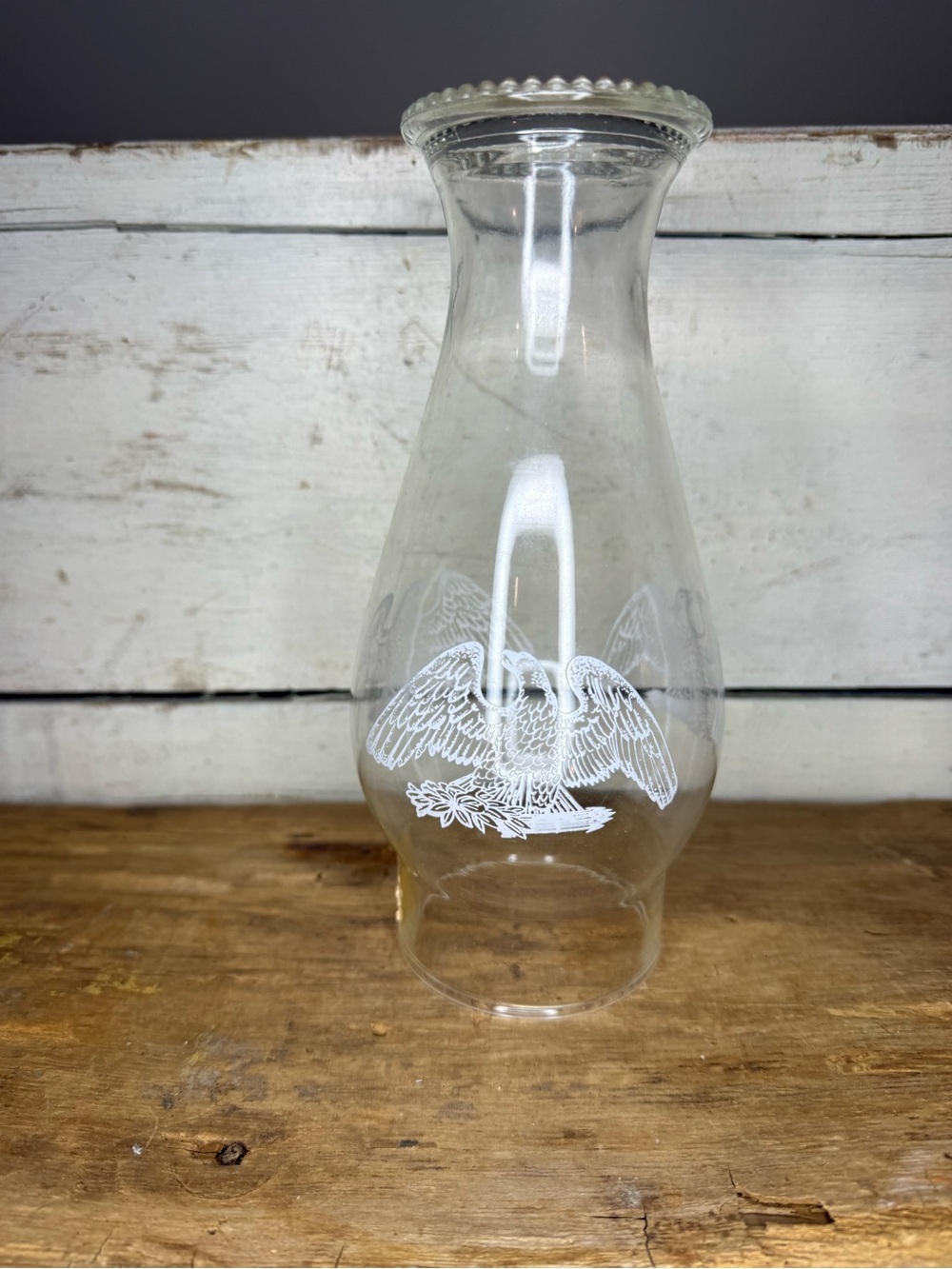 Clear Glass Hurricane Lamp Shade with White Eagle Etching